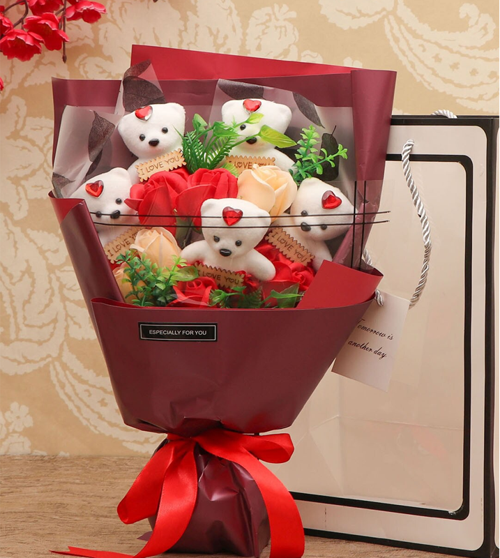 Red & White Artificial Rose Flower Valentine Gift Set
